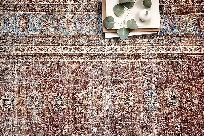 Loloi Layla Collection LAY-01 Brick/Blue 2'-6" x 12'-0" .13" Thick Runner Rug, Soft, Durable, Vintage Inspired, Distressed, Low Pile, Non-Shedding, Easy Clean, Printed, Living Room Rug