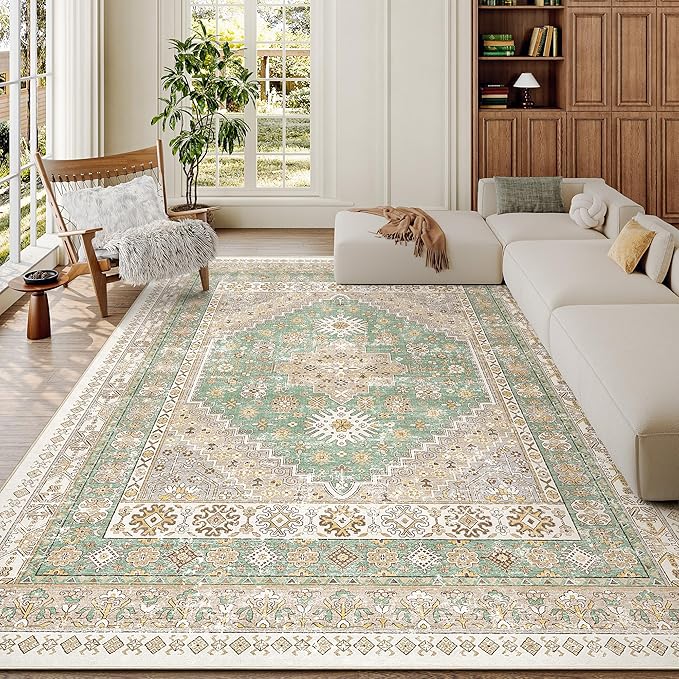 zesthome 5x7 Area Rugs - Ultra-Thin Washble Rug, Stain Resistant Anti Slip Backing Rugs for Living Room,Bedroom, Vintage Home Decor Area Rug (Green/Brown,5'x7')