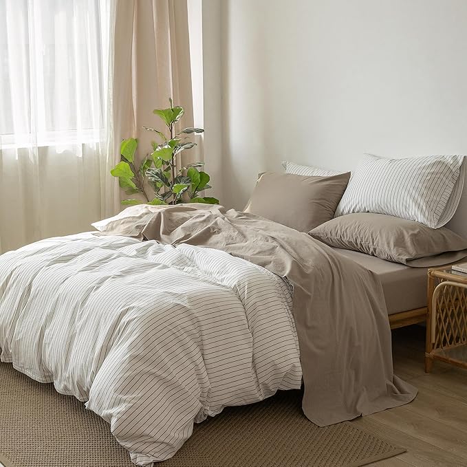 MooMee Bedding Sheet Set 100% Washed Cotton Linen Like Textured Breathable Durable Soft Comfy (Solid Mocha Brown, Twin)