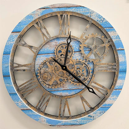 The Gears Clock The Original Real Moving Gear Wall Clock Vintage Industrial Oversized Rustic Farmhouse (24 inch (60cm), Vintage Ocean Blue and Bronze)