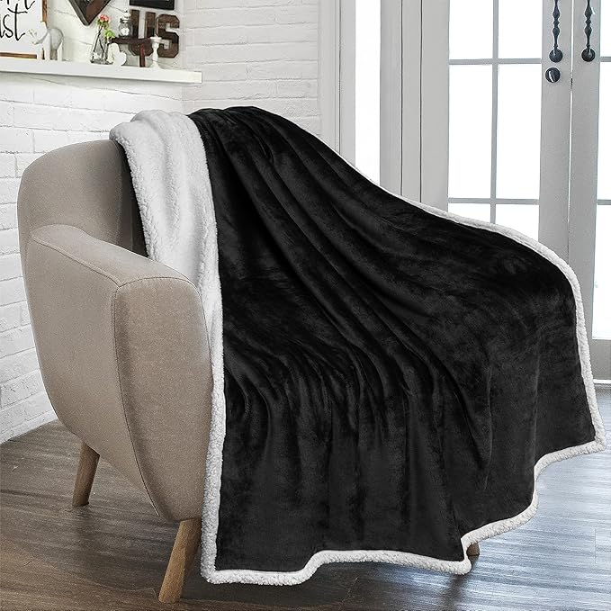 PAVILIA Sherpa Fleece Throw Blanket for Couch, Black, Plush Soft Fuzzy Sofa Blanket, Cozy Reversible Winter Throw for Women Men, 50x60 Inches
