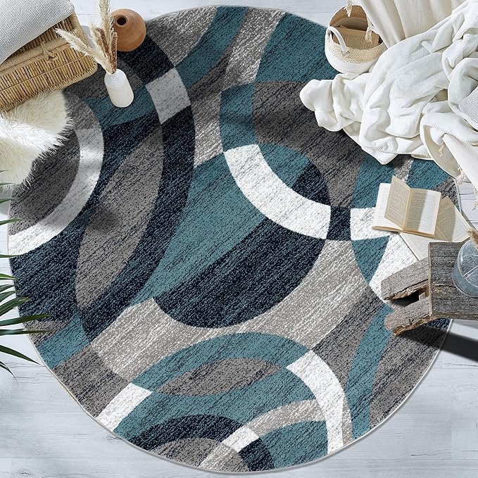 Rugshop Contemporary Abstract Circles Perfect for high Traffic Areas of Your Living Room,Bedroom,Home Office,Kitchen Round Rug 6' 6" Blue (6' 6" Diameter)