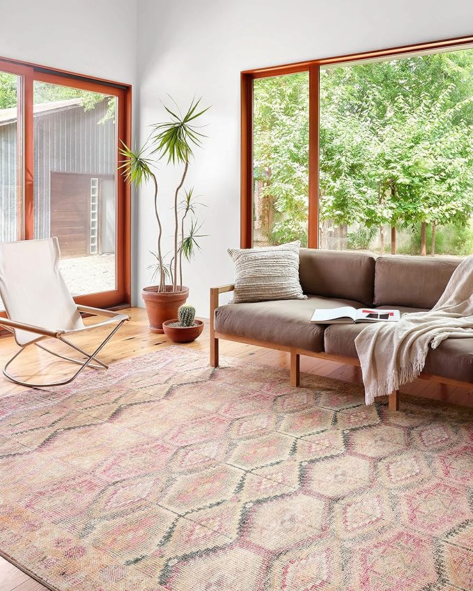 Loloi Layla Collection LAY-17 Pink/Lagoon 2'-6" x 9'-6" .13" Thick Runner Rug, Soft, Durable, Vintage Inspired, Distressed, Low Pile, Non-Shedding, Easy Clean, Printed, Living Room Rug