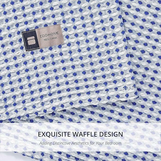 EGOHOME 100% Cotton Queen Size Blankets for Bed,Soft Jacquard Waffle Weave Blanket,Lightweight and Breathable Unique Dual-Tone Texture Cotton Blanket for All Seasons-Navy Blue,90 x 90 Inches