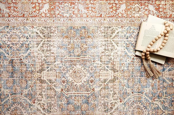 Loloi Layla Collection LAY-04 Ocean/Rust 9'-0" x 12'-0" .13" Thick Area Rug, Soft, Durable, Vintage Inspired, Distressed, Low Pile, Non-Shedding, Easy Clean, Printed, Living Room Rug