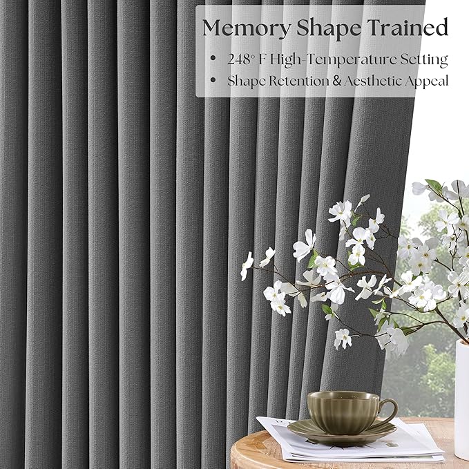 Grey 96 Inch Blackout Pinch Pleated Curtains 2 Panel Set for Living Room Darkening Thick Linen Textured 100% Black Out Drapes 96 Inches Long Pinch Pleat Light Blocking Bedroom Charcoal Dark Gray