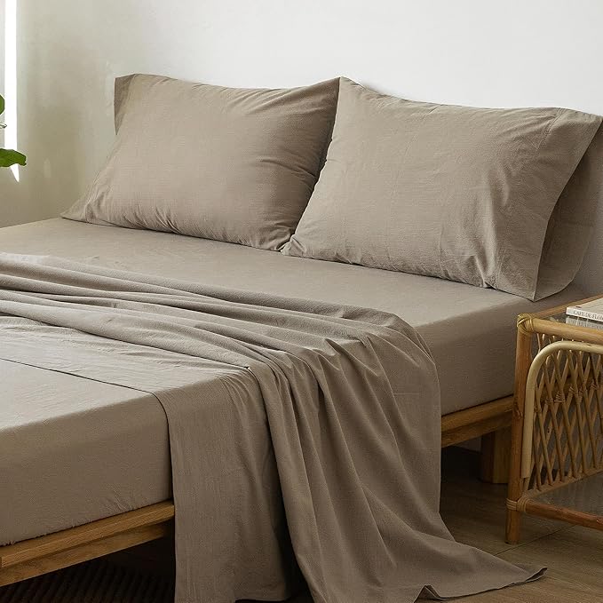 MooMee Bedding Sheet Set 100% Washed Cotton Linen Like Textured Breathable Durable Soft Comfy (Solid Mocha Brown, Full)