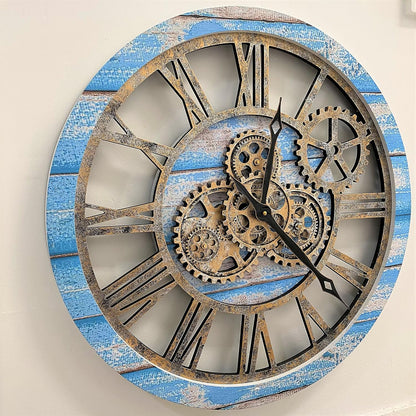 The Gears Clock The Original Real Moving Gear Wall Clock Vintage Industrial Oversized Rustic Farmhouse (24 inch (60cm), Vintage Ocean Blue and Bronze)