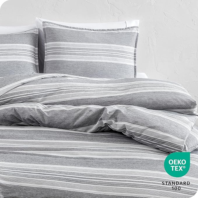 Bare Home Bedding Duvet Cover Queen Size - Premium 1800 Super Soft Collection - Lightweight, Duvet Cover - Soft Textured Bedding (Queen, Stripe - Heathered Charcoal)