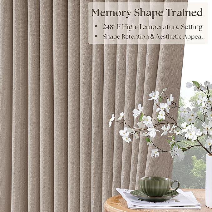 Burlywood Greige Pinch Pleated 100% Blackout Linen Curtains 86 Inch Length 2 Panels Set Pinch Pleat Curtains Black Out Light Blocking Room Darkening Drapes with Liner for Bedroom Living Room Window