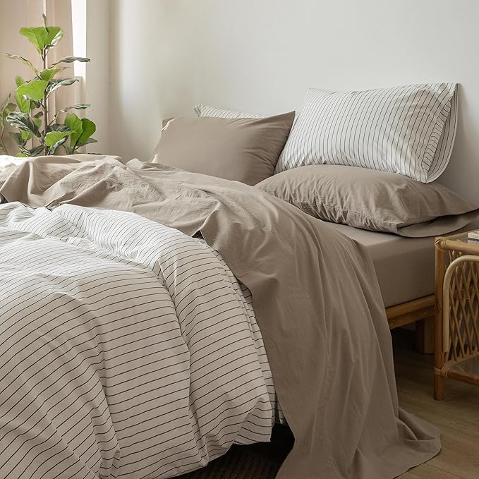MooMee Bedding Sheet Set 100% Washed Cotton Linen Like Textured Breathable Durable Soft Comfy (Solid Mocha Brown, Full)