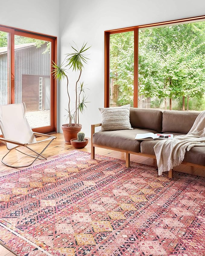 Loloi Layla Collection LAY-15 Magenta/Multi 2'-6" x 9'-6" .13" Thick Runner Rug, Soft, Durable, Vintage Inspired, Distressed, Low Pile, Non-Shedding, Easy Clean, Printed, Living Room Rug
