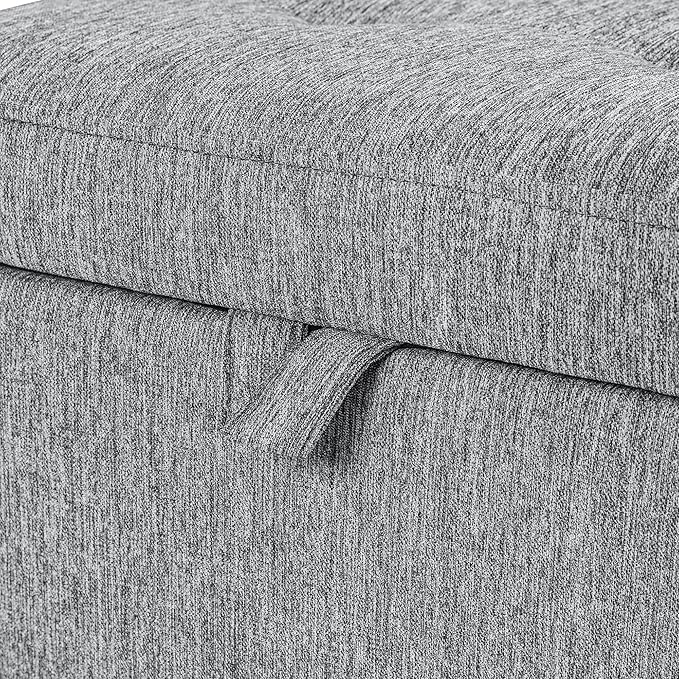 Adeco 17" Square Ottoman with Storage, Small Grey Storage Ottoman Foot Rest with Hinged Lid & Solid Wood Legs, Linen Fabric Foot Stool for Living Room & Bedroom