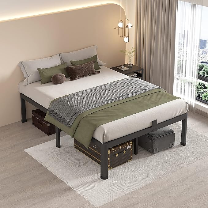 MAF 20 Inch Queen Size Bed Frame with Round Corner Legs Mattress Slide Stopper No Box Spring Needed Heavy Duty Metal Platform Bed Frames Under-Bed Storage Space, 3000 LBS Steel Slats Support