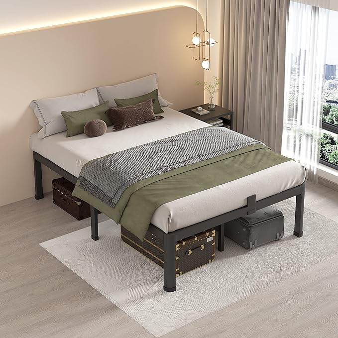 MAF 20 Inch Full Size Bed Frame with Round Corner Legs Mattress Slide Stopper No Box Spring Needed Heavy Duty Metal Platform Bed Frames Under-Bed Storage Space, 3000 LBS Steel Slats Support