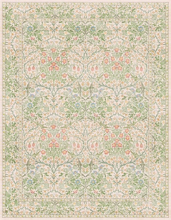 Light Beige Green Floral Living Room Rug, 7x9 Washable Area Rug for Kids Room, Bedroom, Nursery Room, Living Room, Dining Room, Low Pile Non-Slip - Vintage Design & Stain Resistance