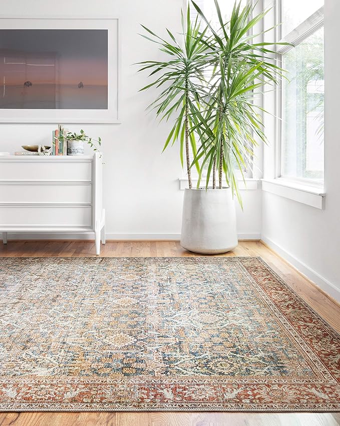 Loloi Layla Collection LAY-04 Ocean/Rust 5'-0" x 7'-6" .13" Thick Area Rug, Soft, Durable, Vintage Inspired, Distressed, Low Pile, Non-Shedding, Easy Clean, Printed, Living Room Rug