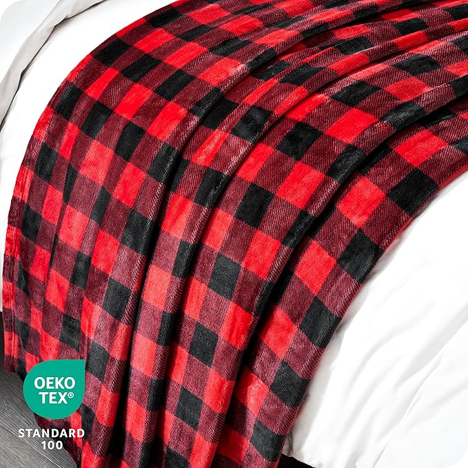 Bare Home Textured Fleece Blanket - Twin/Twin Extra Long - Ultra-Soft Lightweight for Bed, Sofa, and Couch - Luxury Microplush - Cozy Warm Blanket (Twin/Twin XL, Chester Buffalo Plaid - Red/Black)