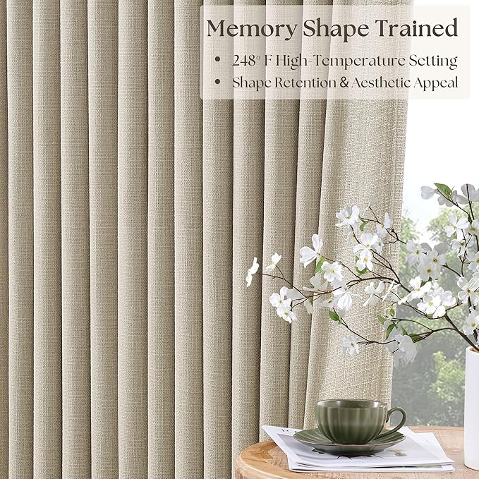 Oatmeal Pinch Pleated 100% Blackout Linen Curtains 100 Inch Length 2 Panels Pinch Pleat Curtains Black Out Light Blocking Room Darkening Drapes with Liner for Bedroom Living Room Window Cream Beige