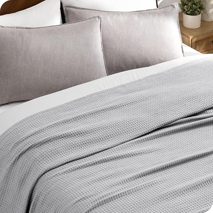 Bare Home Light Grey Waffle Blanket, Throw Size 44Wx66L, 100% Cotton, Soft & Breathable for All Seasons, Lightweight, Perfect for Layering Bed, Sofa & Couch (Throw/Travel, Light Grey)
