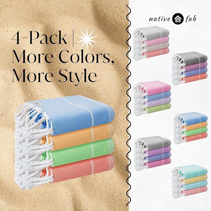 Native Fab Turkish Beach Towels 4 Pack, Oversized 40"x71", Quick Dry, Sand Free, Lightweight, Absorbent, Multipurpose Travel & Pool Towels - Orange, Mustard Yellow, Aqua Green, Turquoise Blue