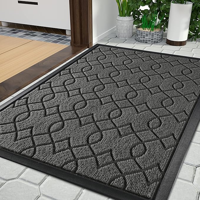 Yimobra Large Door Mat 36x24, All-Season Waterproof Doormat Outdoor Entrance, Heavy Duty Non-Slip Outside Door Mat for Garage Patio Proch Entryway Indoor, Easy Clean, Black Gray