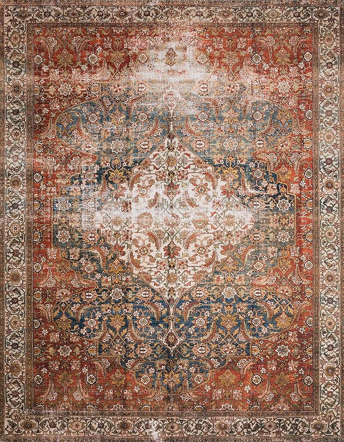 Loloi Layla Collection LAY-05 Ocean/Multi 2'-0" x 5'-0" .13" Thick Accent Rug, Soft, Durable, Vintage Inspired, Distressed, Low Pile, Non-Shedding, Easy Clean, Printed, Living Room Rug