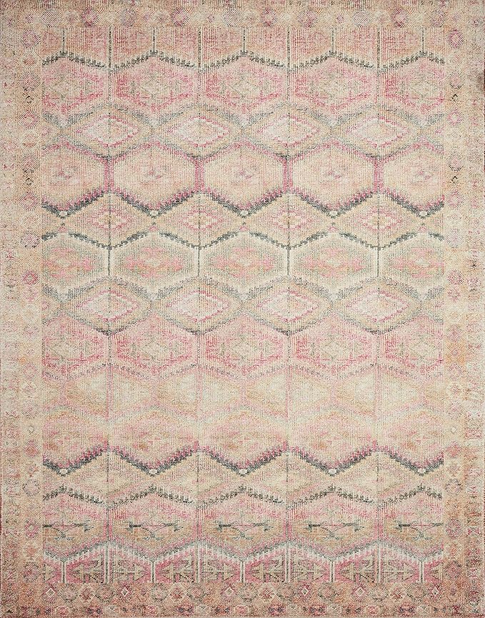 Loloi Layla Collection LAY-17 Pink/Lagoon 3'-6" x 5'-6" .13" Thick Accent Rug, Soft, Durable, Vintage Inspired, Distressed, Low Pile, Non-Shedding, Easy Clean, Printed, Living Room Rug
