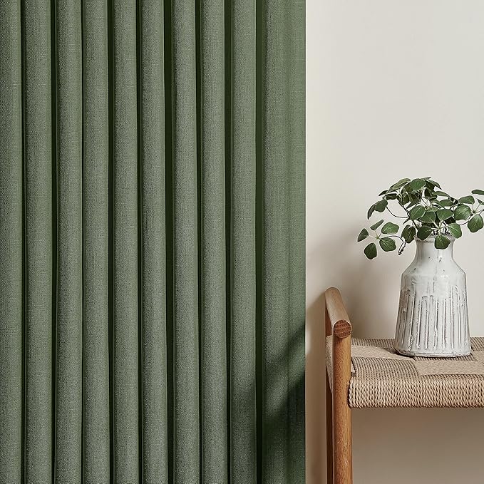 108 Inch Linen Pleated Curtains 2 Panels Set for Living Room Bedroom Farmhouse Cotton Rustic Farmhouse Back Tab Memory Trained Pinch Pleat Window Curtain Olive Green 108 Inch Length for Office 9FT