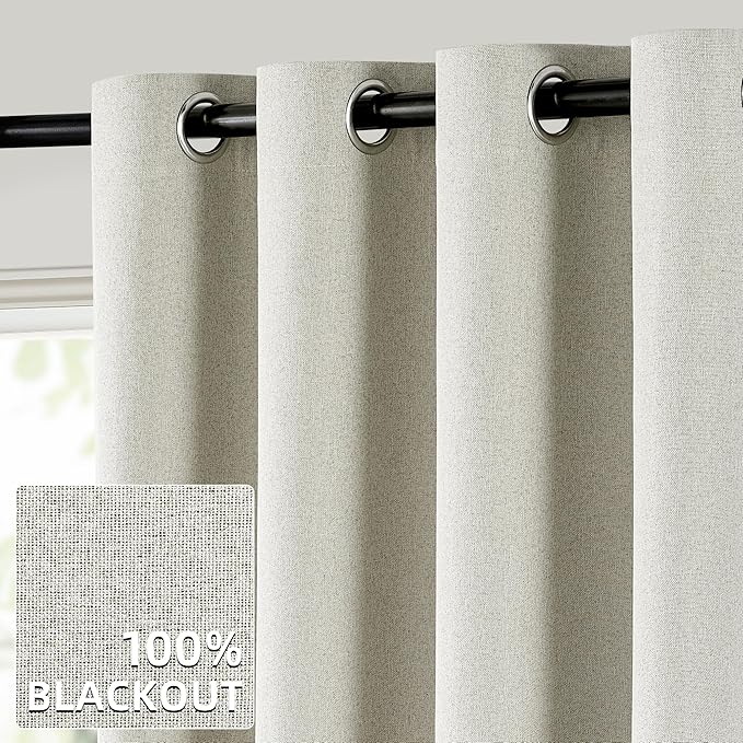 ChrisDowa 100% Blackout Greyish Beige Solid Curtains 84 Inches Long 2 Panels for Bedroom Living Room,Farmhouse Room Darkening Thermal Insulated Soundproof Grommet Top Window Treatment Drapes,52x84