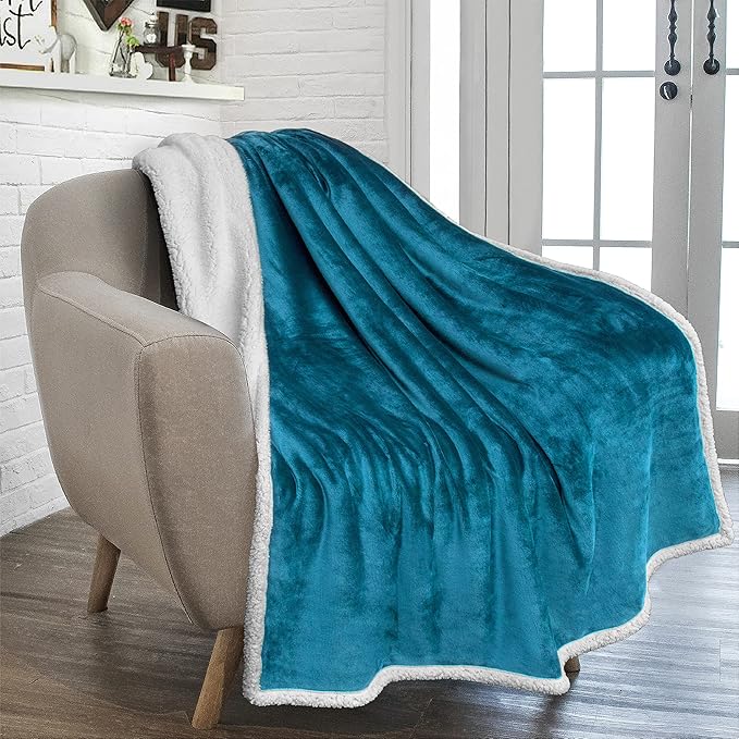 PAVILIA Sherpa Fleece Throw Blanket for Couch, Teal Blue, Plush Soft Fuzzy Sofa Blanket, Cozy Reversible Winter Throw for Women Men, 50x60 Inches