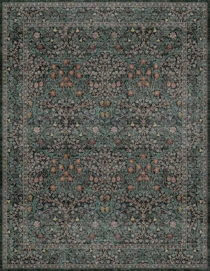 Dining Room Rugs for Under Table - 7x9 Washable Dark Green Oriental Area Rug for Living Room, Non-Slip Floor Carpet for Bedroom Under Bed - Vintage Design & Stain Resistance