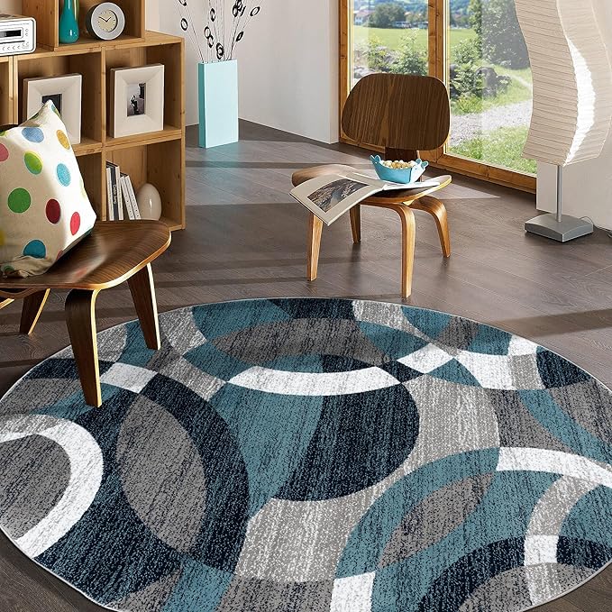 Rugshop Contemporary Abstract Circles Perfect for high Traffic Areas of Your Living Room,Bedroom,Home Office,Kitchen Round Rug 6' 6" Blue (6' 6" Diameter)