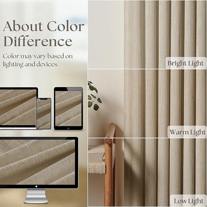 Textured Linen Burlap Curtains 84 Inches Long 2 Panels Neutral Country Tan Greige Flax Ceiling Floor Pinch Pleated Curtains Hooks Track Light Filtering Privacy Drape for Living Room Ofiice Grey Beige