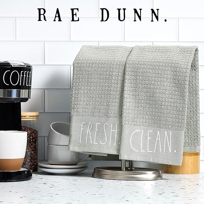 Rae Dunn Hand Towels, Embroidered Decorative Hand Towel for Kitchen and Bathroom, 100% Cotton, Sage- Fresh/Clean, 16"x 26"