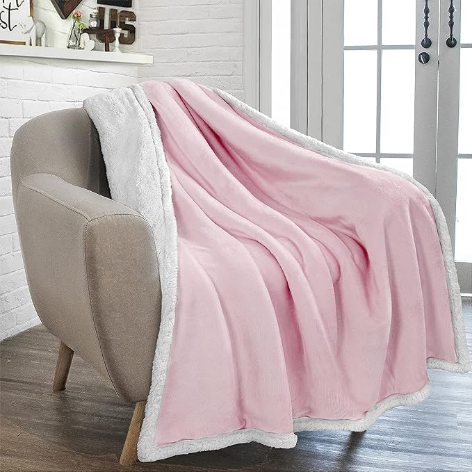 PAVILIA Sherpa Fleece Throw Blanket for Couch, Twin Size, Light Pink, Plush Soft Fuzzy Sofa Blanket, Cozy Reversible Winter Throw for Women Men, 60x80 Inches
