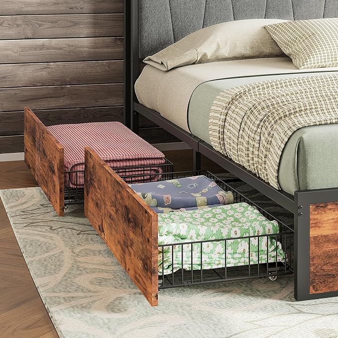 LIKIMIO Queen Bed Frame with 4 Storage Drawers, Platform Bed with Charged Headboard, Sturdy and Stable, No Noise, No Box Spring Needed, Easy to Install, Vintage Brown and Gray