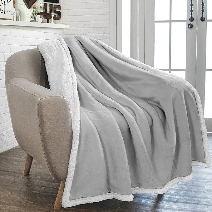 PAVILIA Sherpa Fleece Throw Blanket for Couch, Twin Size, Light Grey, Plush Soft Fuzzy Sofa Blanket, Cozy Reversible Winter Throw for Women Men, 60x80 Inches