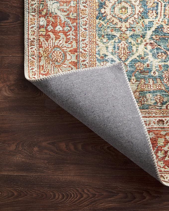 Loloi Layla Collection LAY-04 Ocean/Rust 2'-6" x 9'-6" .13" Thick Runner Rug, Soft, Durable, Vintage Inspired, Distressed, Low Pile, Non-Shedding, Easy Clean, Printed, Living Room Rug