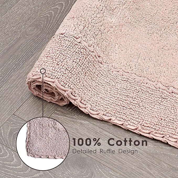 Laura Ashley Ruffle Border 100% Cotton Bath Rug Set, Blush Pink, 17" x 24"/ 20" x 32"
