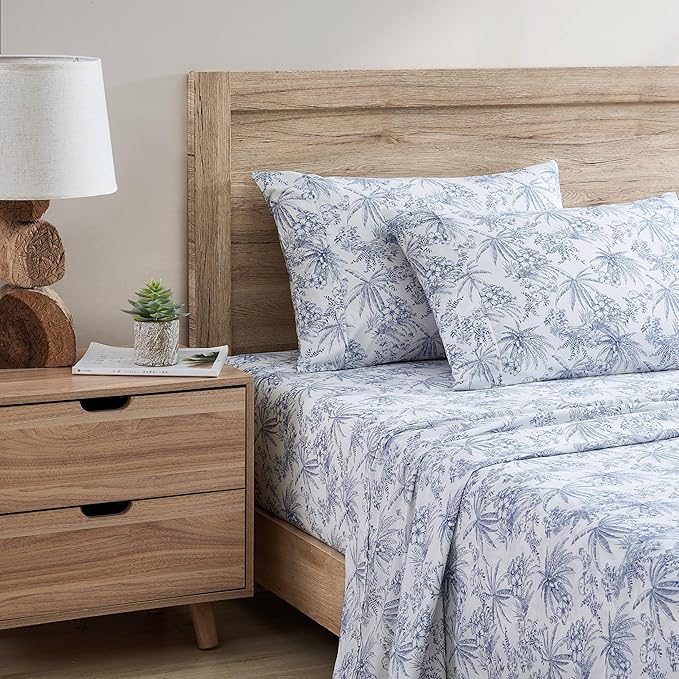 Tommy Bahama - King Size Sheets Set, Crisp & Tailored Cooling Sheets with a Smooth Cotton Percale Lightweight Feel - Bed Sheets with Matching Pillowcases & Fitted Sheet (Pen and Ink Palm Blue)