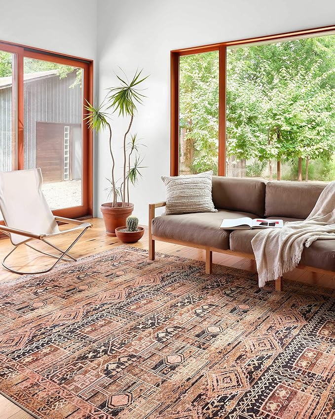 Loloi Layla Collection LAY-14 Mocha/Blush 3'-6" x 5'-6" .13" Thick Accent Rug, Soft, Durable, Vintage Inspired, Distressed, Low Pile, Non-Shedding, Easy Clean, Printed, Living Room Rug
