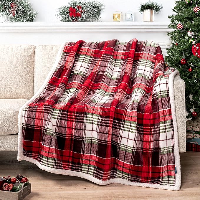 PAVILIA Christmas Plaid Blanket | Sherpa Fleece Flannel Throw Blanket | Christmas Plaid Warm Plush Microfiber Blanket for Couch Sofa | 60x80 Inches