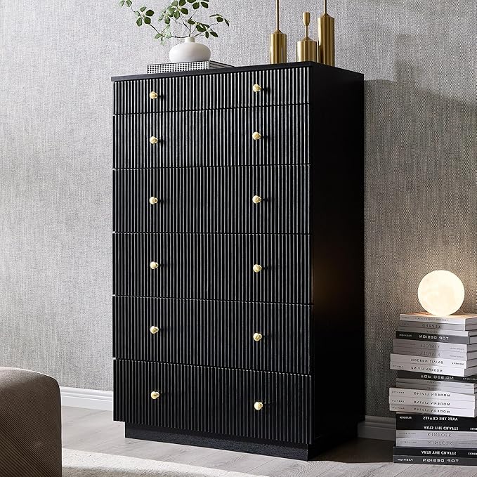 Fluted 7 Drawer Dresser for Bedroom, 48" Tall Black 7 Drawer & Chests of Drawers, Wood Modern Chest of Drawers with Deep Storage for Bedroom, Closet Hallway, Entryway, Living Room, Black