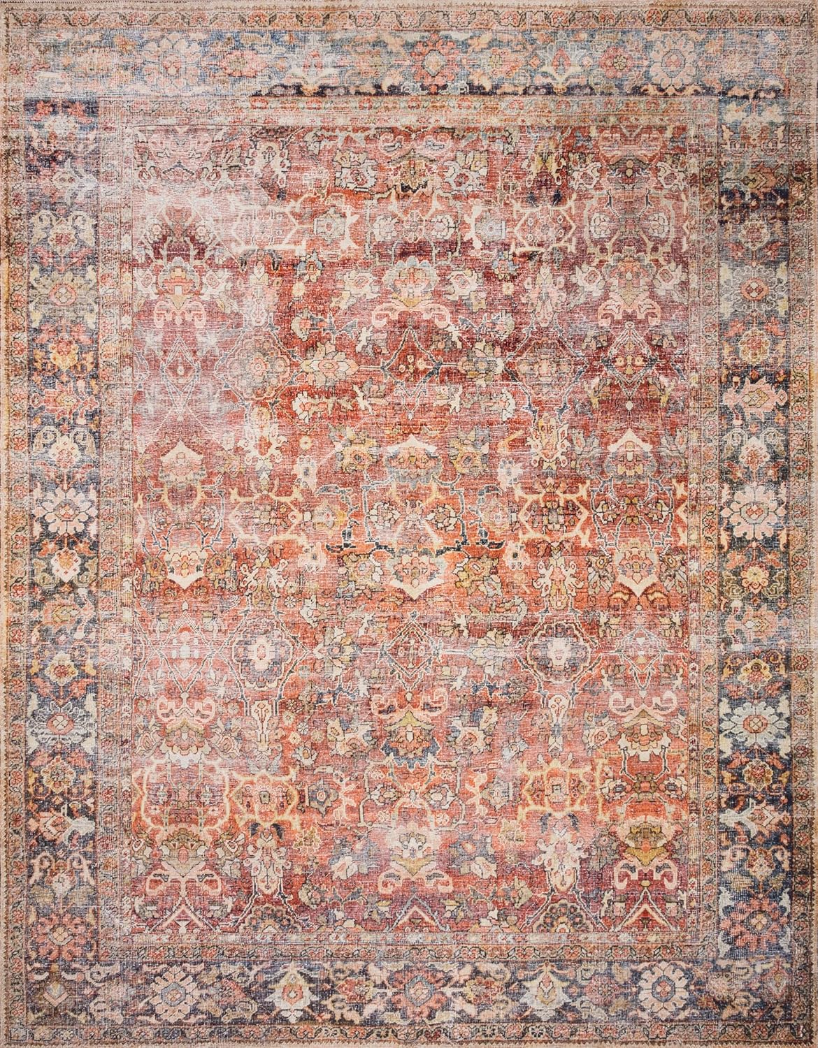 Loloi Layla Collection LAY-02 Spice/Marine 2'-6" x 7'-6" .13" Thick Runner Rug, Soft, Durable, Vintage Inspired, Distressed, Low Pile, Non-Shedding, Easy Clean, Printed, Living Room Rug