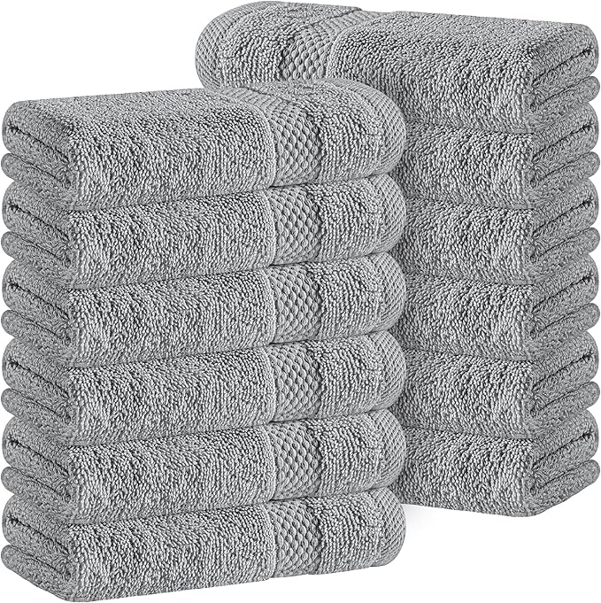White Classic Light Grey Luxury Cotton Washcloths 12 Pc Set - Large 13x13 Inches Hotel Style Face Towel, High Absorbent Quick Dry Wash Cloths for Home, Spa, Gym, Light Grey, 12 Pack
