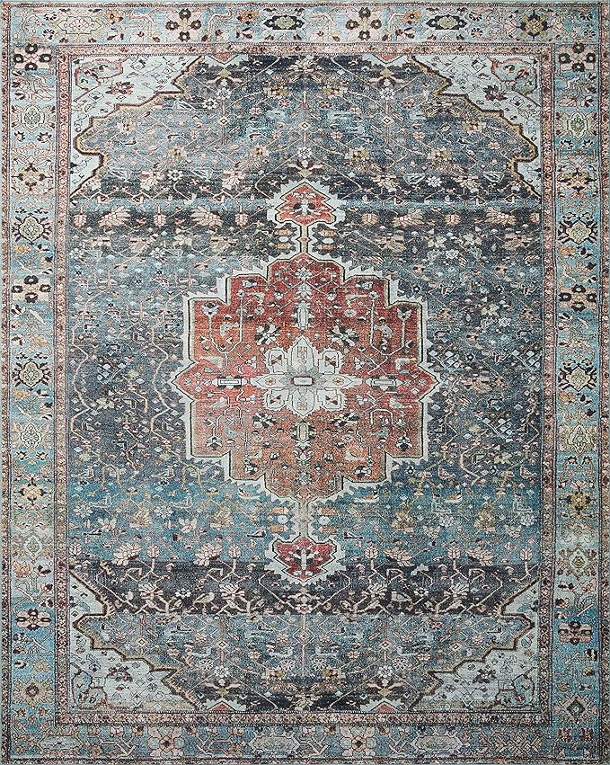 Loloi Margot Collection MAT-05 Ocean/Brick 2'-6" x 7'-6" Runner Rug feat. CloudPile, No-Shed Easy Clean Large Patterned Area Rug for Living Room, Bedroom, Dining Area