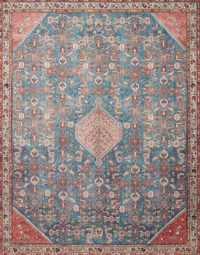 Loloi Layla Collection LAY-10 Marine/Clay 9'-0" x 12'-0" .13" Thick Area Rug, Soft, Durable, Vintage Inspired, Distressed, Low Pile, Non-Shedding, Easy Clean, Printed, Living Room Rug