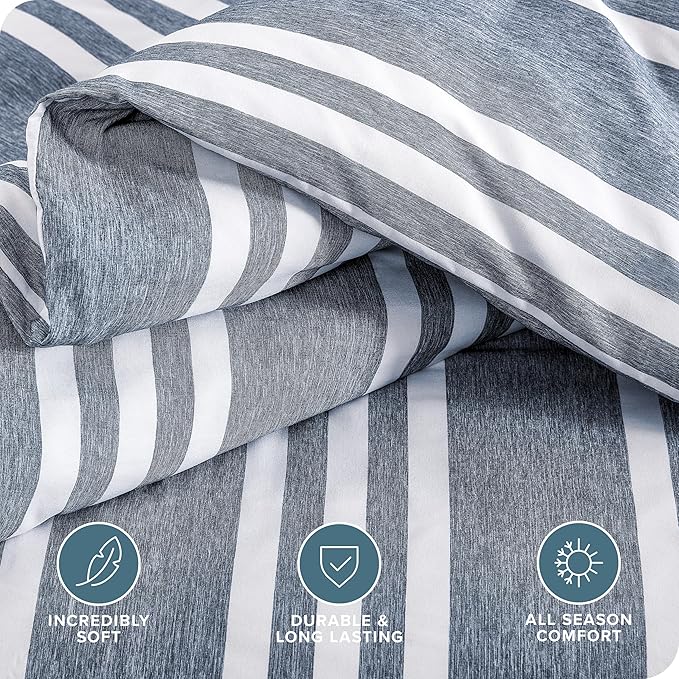 Bare Home Bedding Duvet Cover Full Size - Premium 1800 Super Soft Collection - Lightweight, Cooling Duvet Cover - Soft Breathable (Full, Stripe - Heathered Midnight Blue)