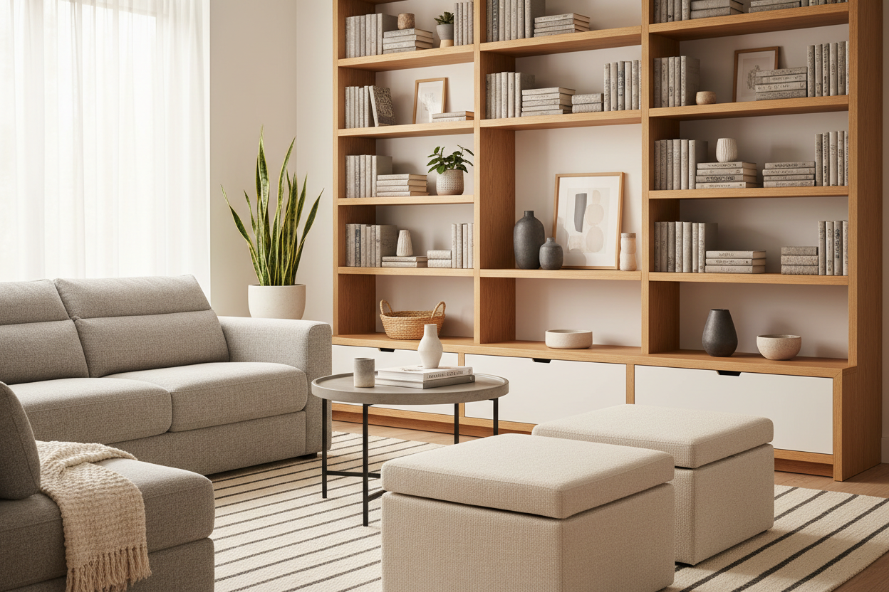 Furniture & Storage: Stylish and functional solutions, from shelving to accent tables, designed to balance form and practicality. (make it real photo)
